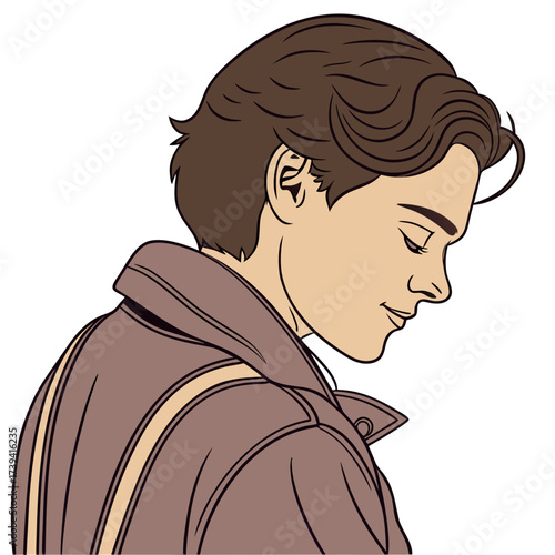 Young man with brown hair wearing a brown jacket with light brown stripes looking down with eyes closed