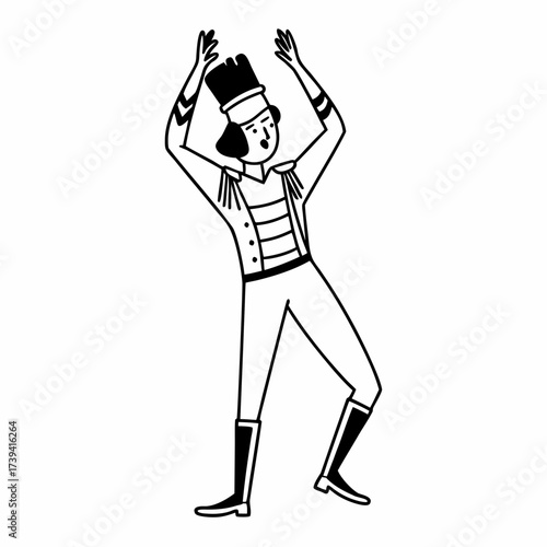 A cartoon performer in a marching band uniform with a tall hat and raised arms on a white background