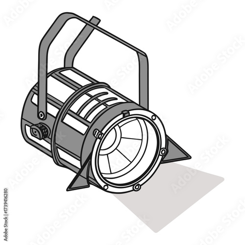 A grey theatrical spotlight with a beam of light casting a shadow on a white background theatre stage light
