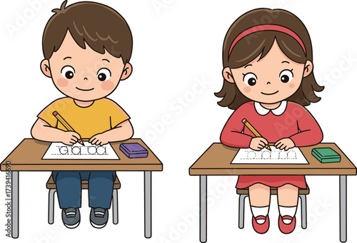 Cartoon children writing at desk, boy and girl practicing handwriting, kids learning letters, school classroom activity, educational drawing illustration design