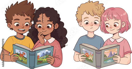 Cute children reading books together, happy kids enjoying stories, childhood education, friendship learning, diverse students reading, literature imagination, classroom activity, storytelling fun