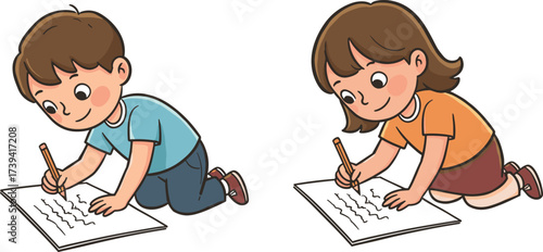Cute children writing on paper, happy boy and girl studying, kids learning, childhood education, classroom activity, handwriting practice, schoolwork illustration