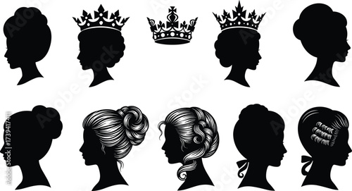 Female head silhouette, hairstyle vector set, crown profile sketch, black and white fashion icon, elegant woman design grid