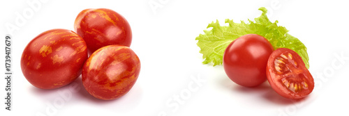 Fresh colorful sweet rustic tomatoes, isolated on white background