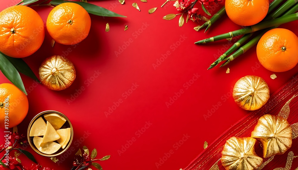 Obraz premium Oranges, lucky gold ingots, and bamboo on a vibrant red background, representing Lunar New Year prosperity and festive greetings