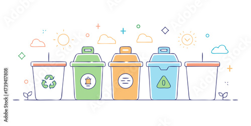 Colorful recycling bins with different waste symbols promoting eco-friendly behavior, waste separation and environmental sustainability
