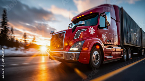 Red semi-truck decorated with festive snowflakes driving on winter highway at sunset, symbolizing holiday transport and seasonal logistics