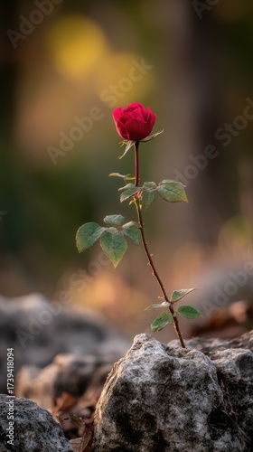 A single red rose blooms from a weathered rock, with blurred background foliage
