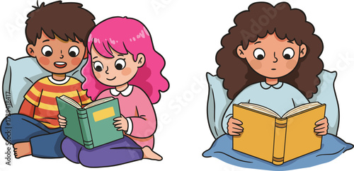 Cartoon kids reading books together, happy children studying, girl reading alone, learning education illustration, childhood study habits, school homework activity, knowledge growth