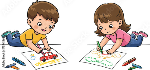 Happy children drawing with crayons, boy and girl creating art, kids coloring pictures, creative learning activity, fun school education illustration