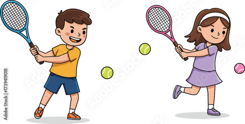 Happy children playing tennis outdoors, smiling boy and girl hitting ball with racket, fun sports activity, healthy lifestyle, exercise illustration, teamwork