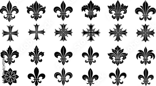 Fleur-de-lis and cross symbol set, heraldic vector icons, black and white sketch, decorative emblem grid, traditional design artwork