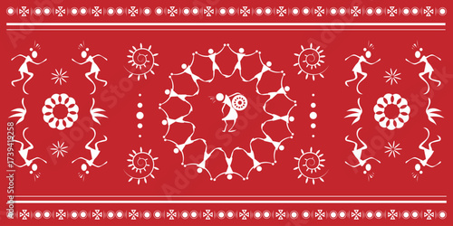 Traditional Warli art vector on red background showing tribal dance, musicians, animals, and decorative patterns, symbolizing rural life, folk culture, and heritage of India.