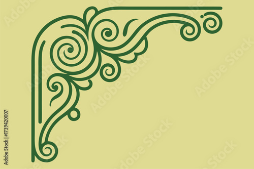 Green ornamental corner flourish with swirls and dots