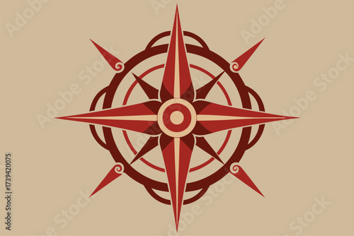 Red and brown compass rose with swirling decorative elements