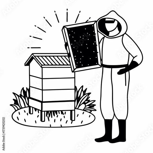 Beekeeper in protective suit holding a honeycomb frame next to a beehive Keywords: beekeeper, beekeeping, bee, bees, hive, beehive, apiary, apiarist, protective suit, uniform, hat, veil, gloves