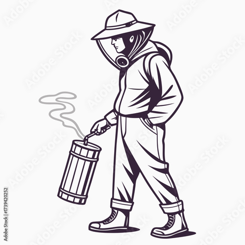 Beekeeper in protective suit holding a smoker with smoke apiarist beekeeping