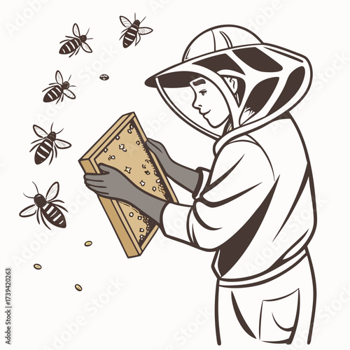 Beekeeper in protective suit holding a honeycomb frame with bees flying around Keywords: beekeeper, beekeeping, bee, bees, hive, beehive, apiary, apiarist, protective suit, uniform, hat, veil