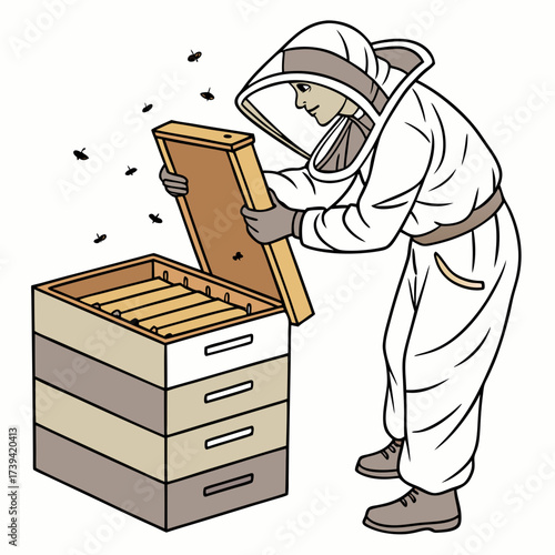 Beekeeper in protective suit opening a multi-level beehive with bees flying around Keywords: beekeeper, beekeeping, honey, apiary, apiarist, beekeeping equipment, protective suit, veil, gloves