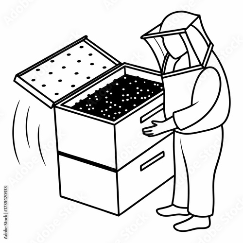 Beekeeper in protective suit opening a beehive box filled with honeycomb Keywords: beekeeper, beekeeping, bee, bees, hive, beehive, apiary, apiarist, protective suit, uniform, hat, veil, gloves