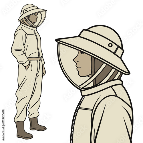 Beekeeper in protective suit standing and close-up profile view apiarist beekeeping
