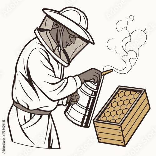 Beekeeper in protective suit using a smoker near a beehive beekeeping veil