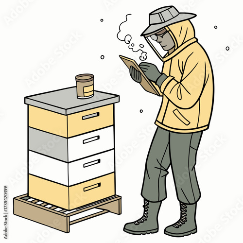 Beekeeper in yellow suit and veil checking a multi-level beehive and taking notes Keywords: beekeeper, beekeeping, bee, bees, honeycomb, hive, apiary, apiarist, insect, swarm, honey, nature