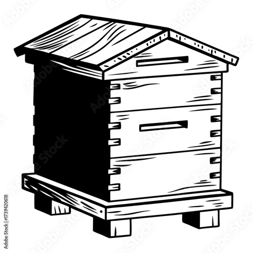 Black and white illustration of a wooden beehive with a sloped roof and multiple levels on a white background
