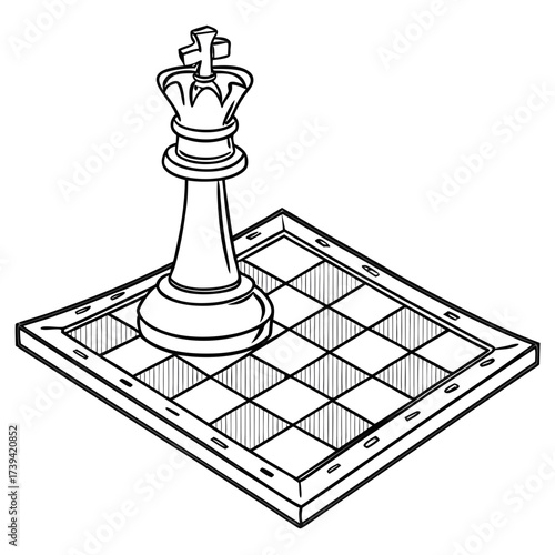 Chess king piece on a chessboard with isometric perspective Keywords: chess, king, chess piece, board game, strategy, game, competition, royalty, leader, symbol, black and white, outline, drawing