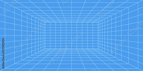 3d wireframe grid room. 3d perspective laser grid 16 9.. Cyberspace blue background with white mesh. Futuristic digital hallway space in virtual reality. Vector illustration.