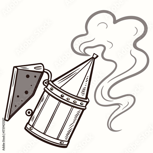 Illustration of a Bee Smoker Emitting Smoke on a White Background beekeeping apiary