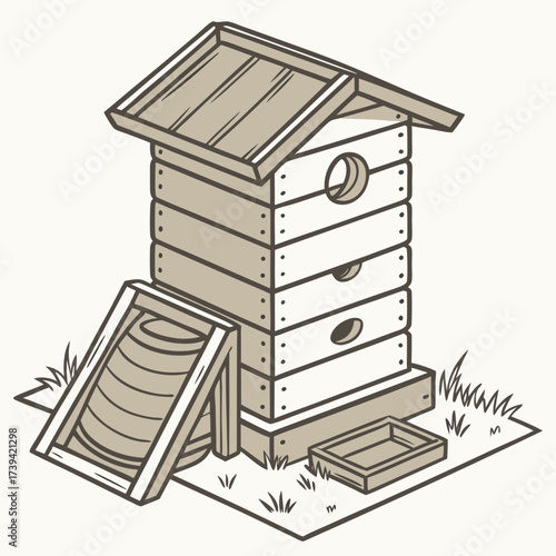 Isometric drawing of a multi-level wooden beehive with a ramp and tray on a light background Keywords: beehive, apiary, beekeeping, insect house, wooden, structure, dwelling, home, nature