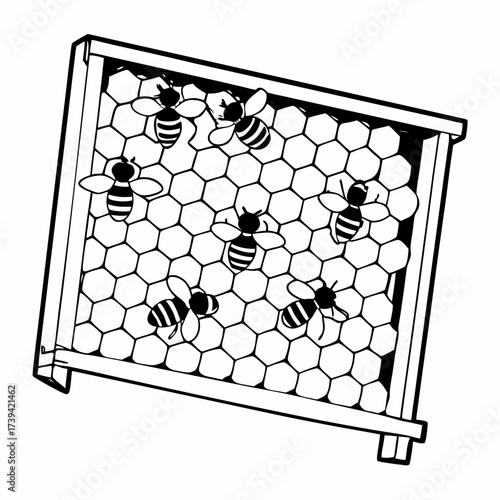 Outline drawing of a beehive frame with multiple bees on honeycomb insect apiary