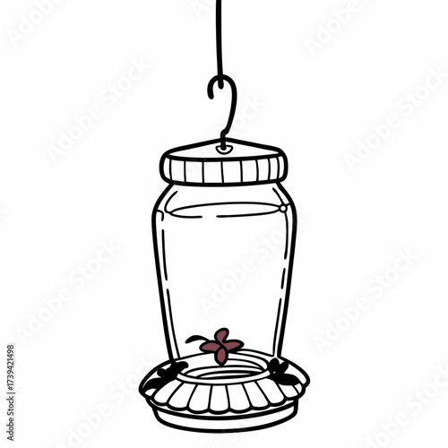 Outline drawing of a hanging glass bird feeder with a small red flower detail on a white background container