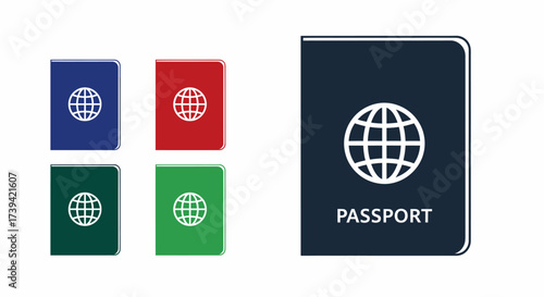 Four small passport covers in blue, red, and green, and one large navy blue passport with the word PASSPORT written on it.