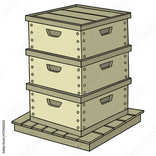 Stack of three light yellow beekeeping hive boxes on a wooden pallet with a white background Keywords: beehive, beekeeping, hive, box, apiary, apiarist, honey, bee, insect, structure, wooden