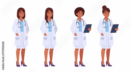 Four diverse female doctors in white coats, each holding a clipboard or with hands in pockets.