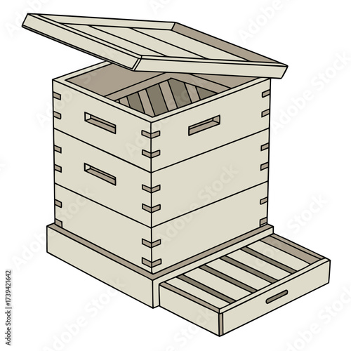 Stacked Wooden Beehive Boxes with Open Lid and Drawer bee house