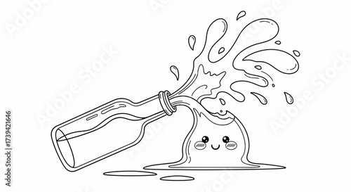 Illustration of a bottle spilling liquid, forming a cute, smiling puddle with splashes.