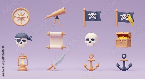 Charming Collection of 3D Pirate Adventure Icons and Symbols Rendered on a Pastel Background