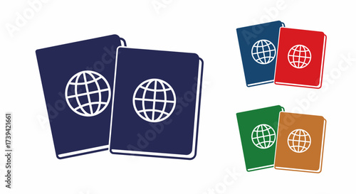 Passports of different colors with a globe on the cover, representing international travel.
