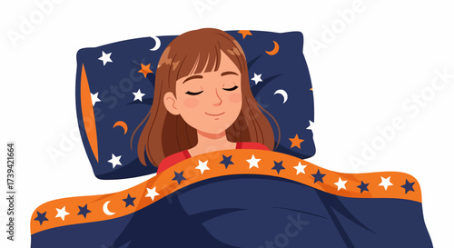 A cute cartoon girl sleeping peacefully in her bed, covered by a dark blue blanket with a star and moon pattern.