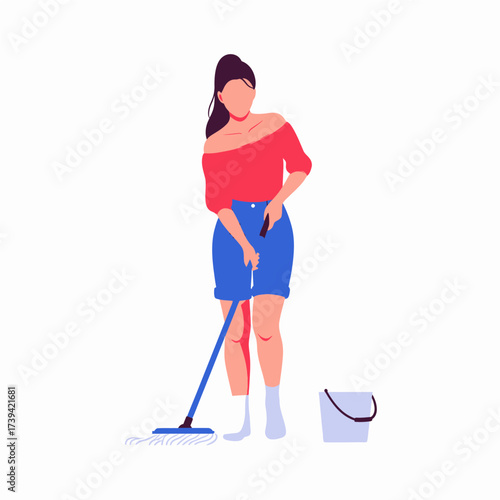 A woman in a red off-the-shoulder top and blue skirt mops the floor with a blue mop and bucket nearby.