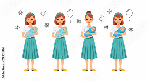 Four identical cartoon women, each holding a swaddled baby, standing in a row with various decorative icons in the background.