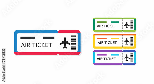 Illustration of various colorful air tickets, showing flight details and boarding information.