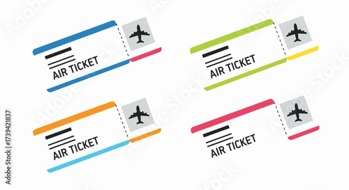 Colorful air ticket illustrations with airplane icon on white background.