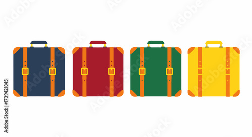 Four colorful suitcases arranged in a row, each with a different vibrant color and design.