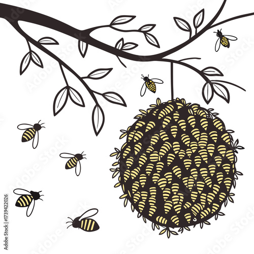A Beehive Hanging from a Tree Branch with Bees Flying Around swarm