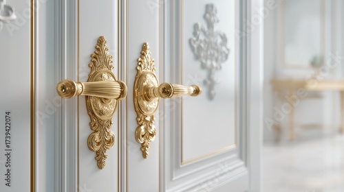 Luxury door with ornate golden handles in classic style. Elegant architectural detail with decorative design elements, symbolizing prestige and refinement. Sophisticated interior concept