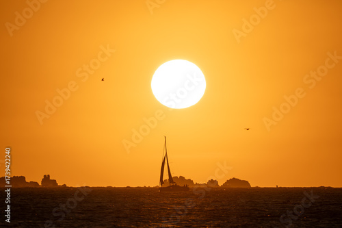 A sailboat at sunset in golden light with a few rocks in the background	